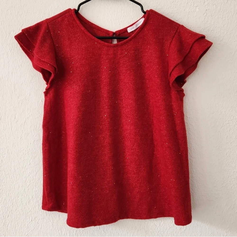 Ces Femme Red Cap-Sleeve Top Gold Sparkles Glitter Size Medium Boutique